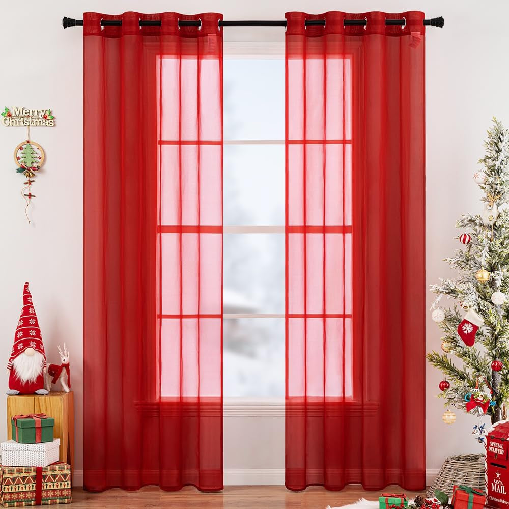 MIULEE 2 Panels Farmhouse Solid Color Beige Sheer Curtains Elegant Grommet Window Voile Panels/Drapes/Treatment for Bedroom Living Room (54X84 Inch)  MIULEE Haute Red 54''W X 84''L 