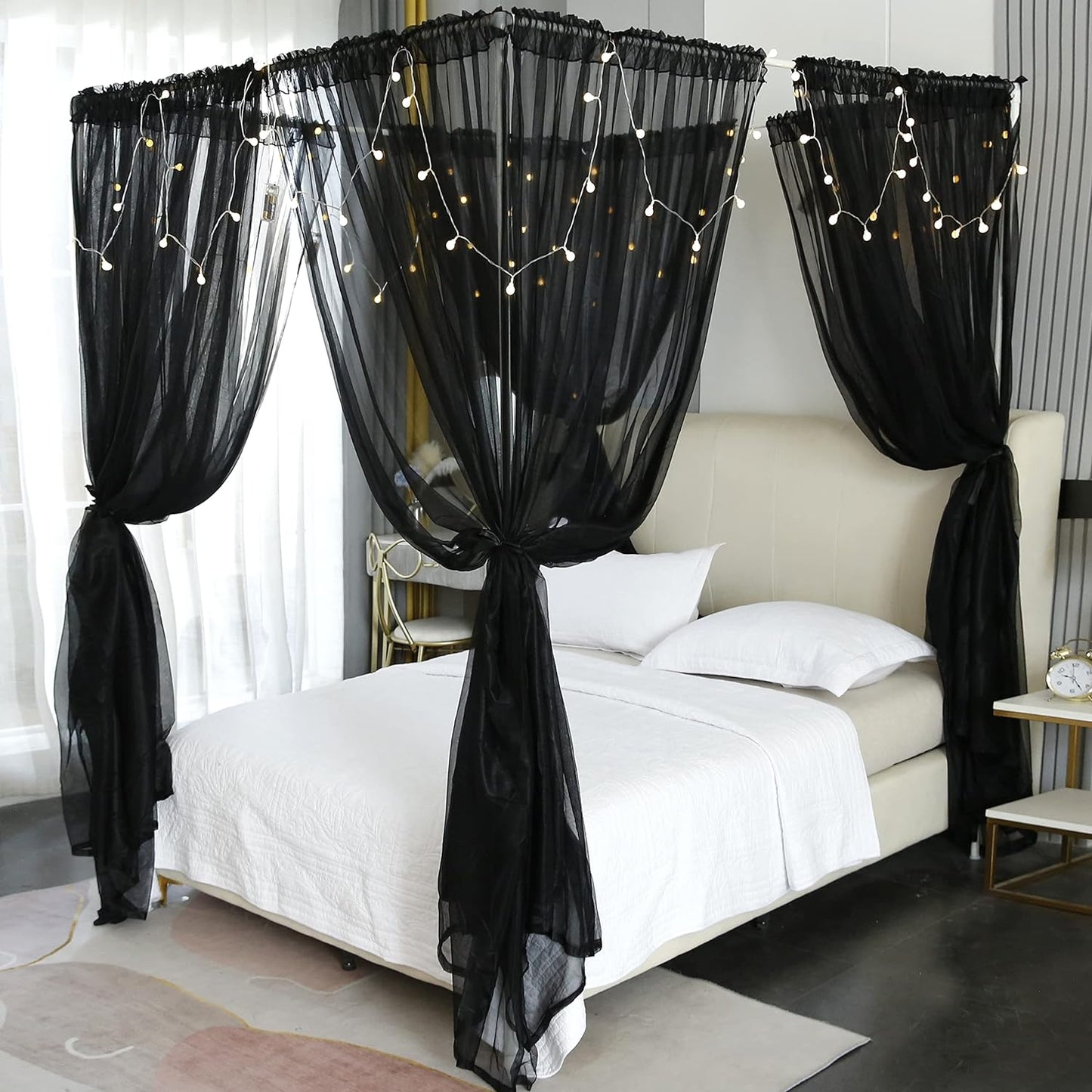Akiky Princess Canopy Bed Curtains Bed Canopy Curtains with Lights for Queen Size Bed Drapes,8 Panels Canopies with 2 Lights,Room Décor (Full/Queen, White)  Akiky Black Full/Queen 