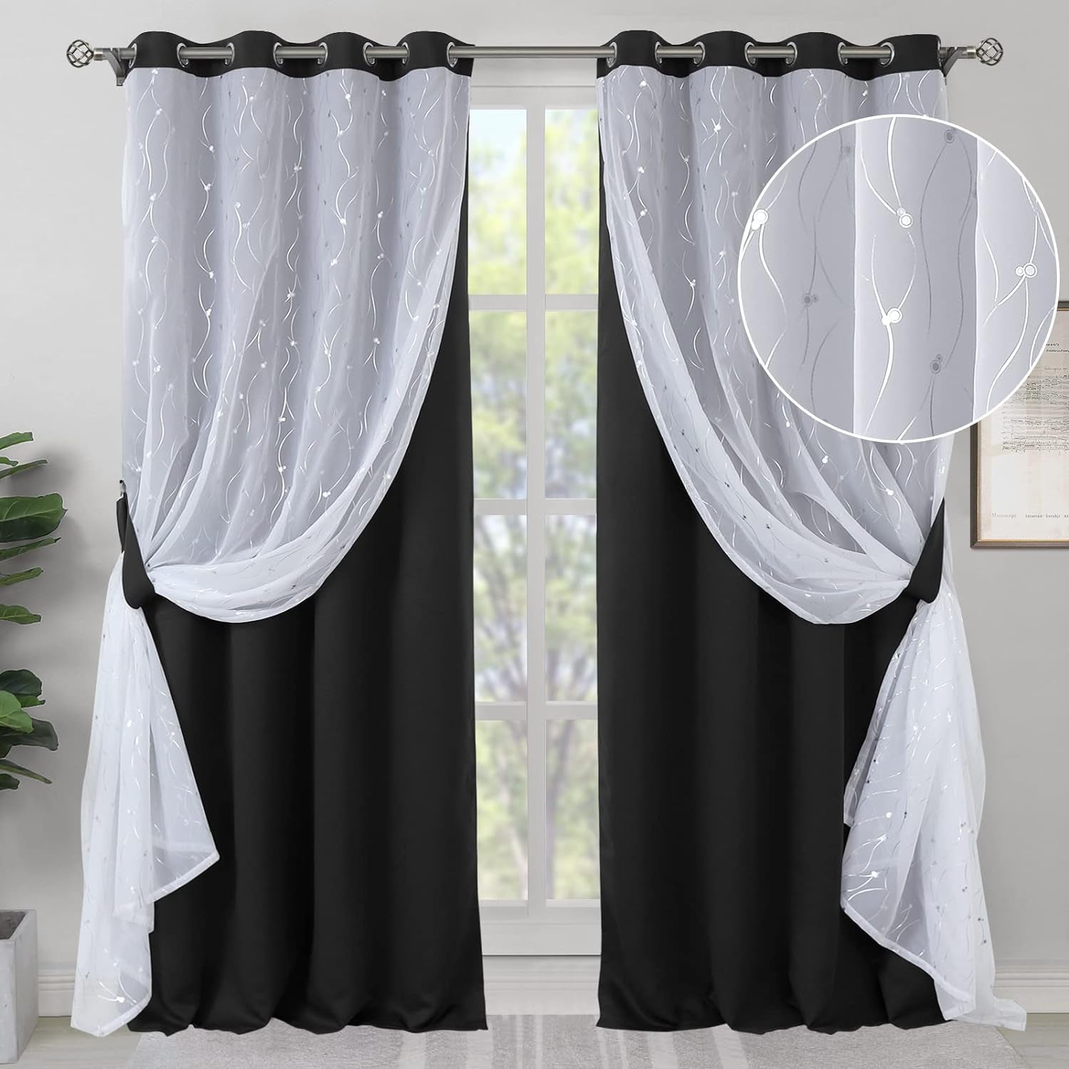Bgment Grey Blackout Curtains with Sheer Overlay 84 Inches Long，Double Layer Silver Printed Kids Curtains Grommet Thermal Insulated Window Drapes for Living Room, 2 Panel, 52 X 84, Dark Grey  BGment Black 52W X 95L 