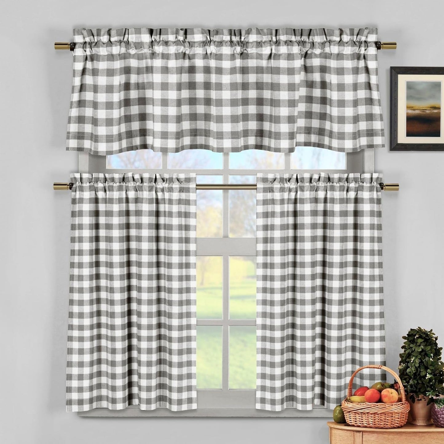 Grey and White Farmhouse Checkered Gingham Buffalo Plaid Window Treatment with Valances for Kitchen and Living Room 3 Piece Tier Set 58Wx51L Inches
