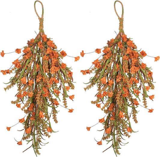 GWOKWAI 2Pcs Fall Harvest Teardrop Swag, 25.2In Artificial Fall Wheat Ears Swag, Hanging Simulation Flower Teardrop for Front Door Decor Thanksgiving Christmas Halloween Wall Decor