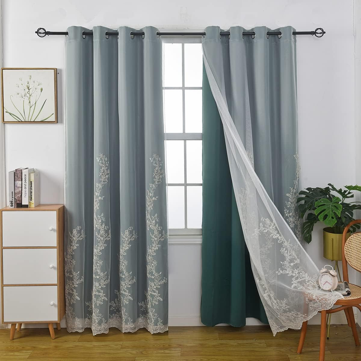 GYROHOME Double Layered Curtains with Embroidered White Sheer Tulle, Mix and Match Curtains Room Darkening Grommet Top Thermal Insulated Drapes,2Panels,52X84Inch,Beige  GYROHOME Dark Green 52Wx63Lx2 
