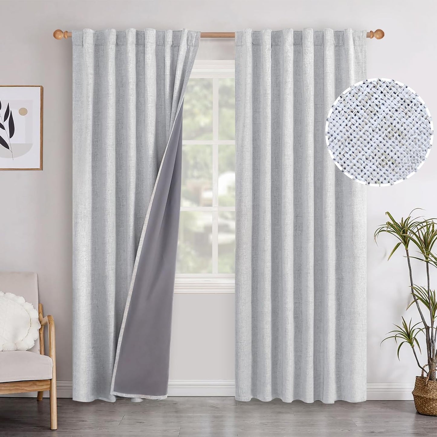 Youngstex Linen Blackout Curtains 63 Inch Length, Grommet Darkening Bedroom Curtains Burlap Linen Window Drapes Thermal Insulated for Basement Summer Heat, 2 Panels, 52 X 63 Inch, Beige  YoungsTex Back Tab/Linen 52W X 95L 