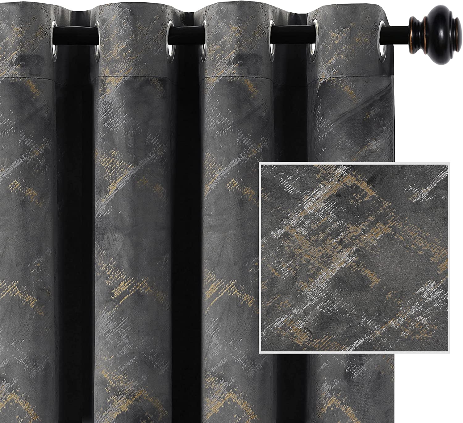 H.VERSAILTEX Luxury Velvet Curtains 84 Inches Long Thermal Insulated Blackout Curtains for Bedroom Foil Print Soft Velvet Grommet Curtain Drapes for Living Room Vintage Home Decor, 2 Panels, Ivory  H.VERSAILTEX Dark Grey 52"W X 108"L 