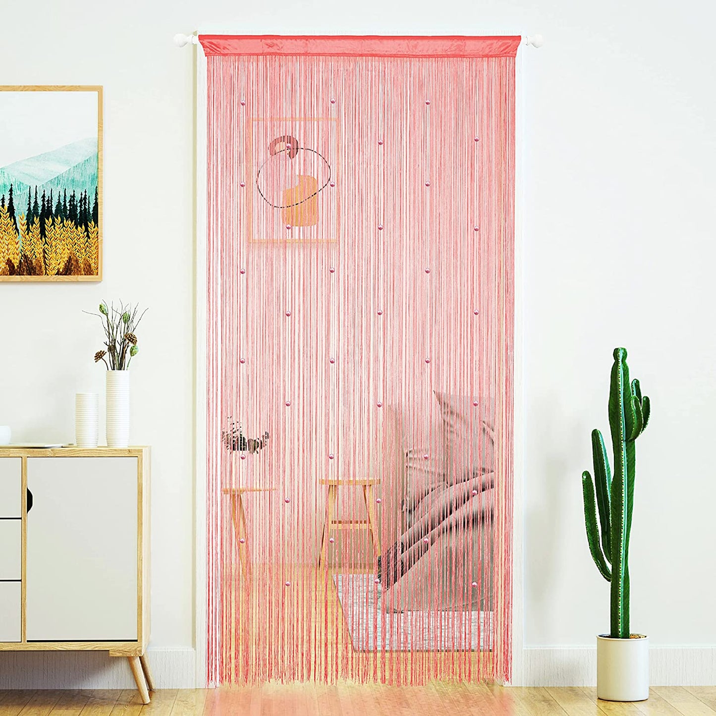 Yaoyue Beaded Curtain Door String Curtains for Doorway Tassels Beads Hanging Fringe Hippie Room Divider Window Hallway Entrance Wall Closet Bedroom Privacy Decor (39×79In/100×200Cm, Light Coffee)  YaoYue Pink 100×200Cm 