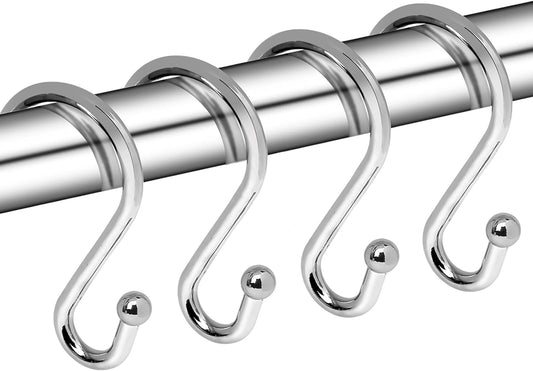 Metal Shower Curtain Hooks, Set of 12, Rust Proof Shower Curtain Hooks Rings, Durable S Shaped Hooks Hangers for Shower Curtains, Kitchen Utensils, Clothes, Towels (Chrome)