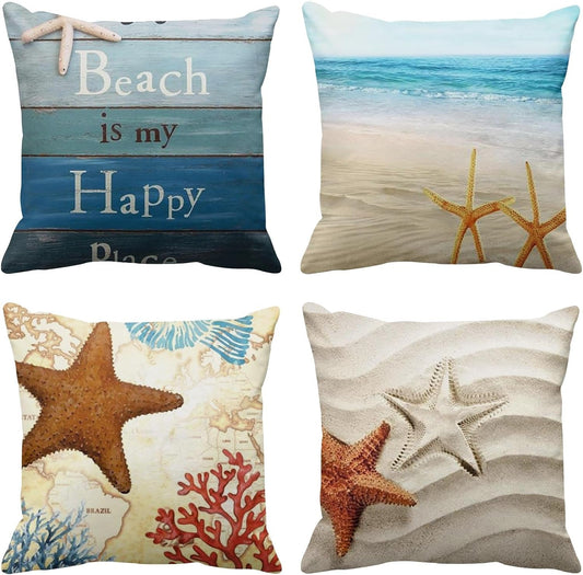 Emvency Set of 4 Throw Pillow Covers Beach Starfish and Summer Is My Happy Place Rhinestone Decorative Pillow Cases Home Decor Square 18X18 Inches Pillowcases