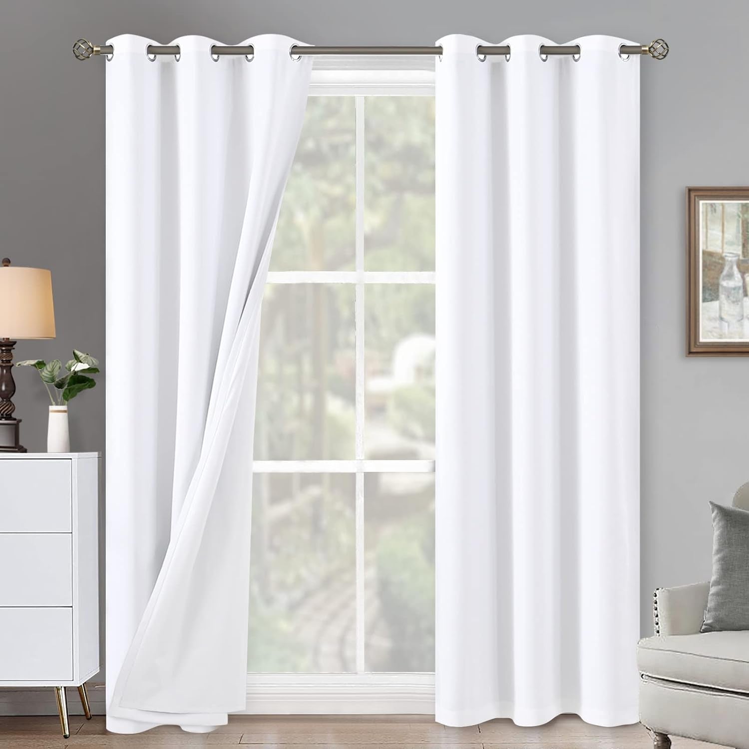 QUEMAS Short Blackout Curtains 54 Inch Length 2 Panels, 100% Light Blocking Thermal Insulated Soundproof Grommet Small Window Curtains for Bedroom Basement with Black Liner, Each 42 Inch Wide, White  QUEMAS White + White Lining W42 X L84 