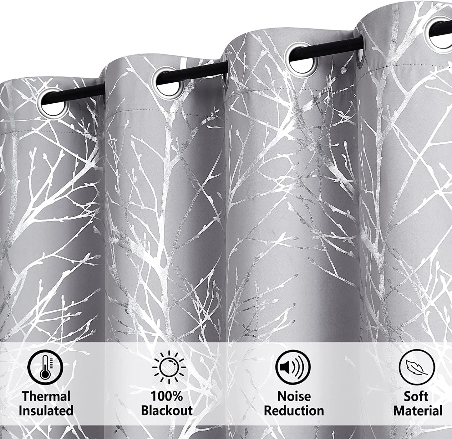 FMFUNCTEX Metallic Tree Blackout Curtains Bedroom Grey 84-Inch Living-Room Branch Print Curtain Panels Forest Triple Weave Thermal Insulated Drapes for Windows Dorm Hotel Grommet Top, 2Panels  Fmfunctex   