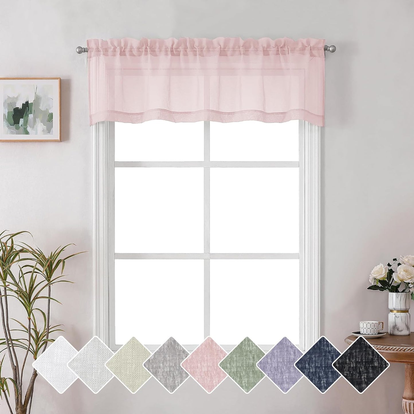 Lecloud Doris Faux Linen Sheer Grey Valance Curtains 14 Inches Length, Cafe Kitchen Bedroom Living Room Gauzy Silver Grey Curtain for Small Window, Slub Light Gray Valance Dual Rod Pockets 60X14 Inch  Lecloud Pink 60 W X 14 L 