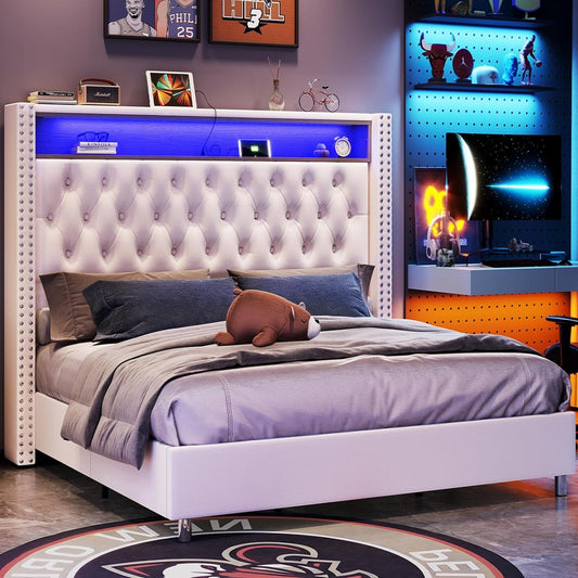 LED King Size Bed Frame and Headboard with Charging Station Velvet Upholstered Platform Bed No Box Spring Needed/Cream