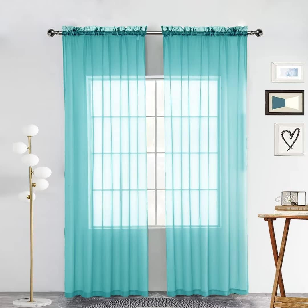 Spacedresser Basic Rod Pocket Sheer Voile Window Curtain Panels White 1 Pair 2 Panels 52 Width 84 Inch Long for Kitchen Bedroom Children Living Room Yard(White,52 W X 84 L)  Lucky Home Turquoise 52 W X 54 L 