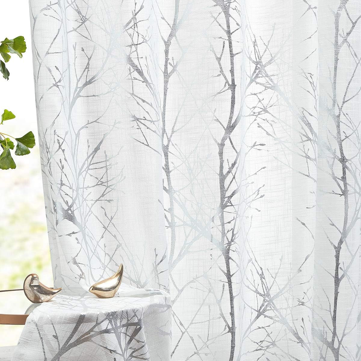 FMFUNCTEX Blue White Curtains for Kitchen Living Room 72“ Grey Tree Branches Print Curtain Set for Small Windows Linen Textured Semi-Sheer Drapes for Bedroom Grommet Top, 2 Panels  Fmfunctex Semi-Sheer: White + Foil Silver 50" X 45" |2Pcs 