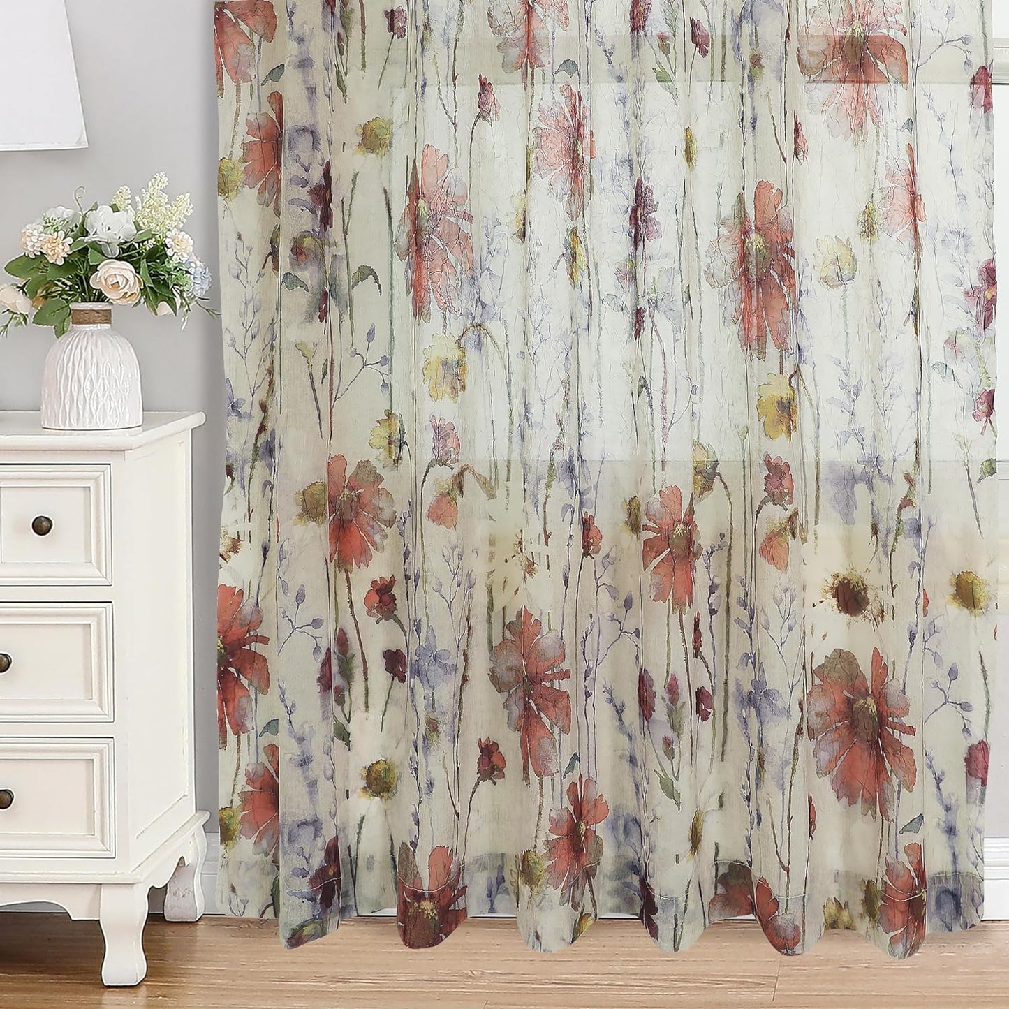 OWENIE Crushed Semi Sheer Curtains 72 Inches Length 2 Panels, Floral Pattern Design Rod Pocket Light Filtering Farmhouse Curtains for Bedroom Living Room, 2 Pieces Total 84 Inch Wide, 72 Inch Long  OWENIE Multi Color 42“W X 63"L | 2 Pcs 