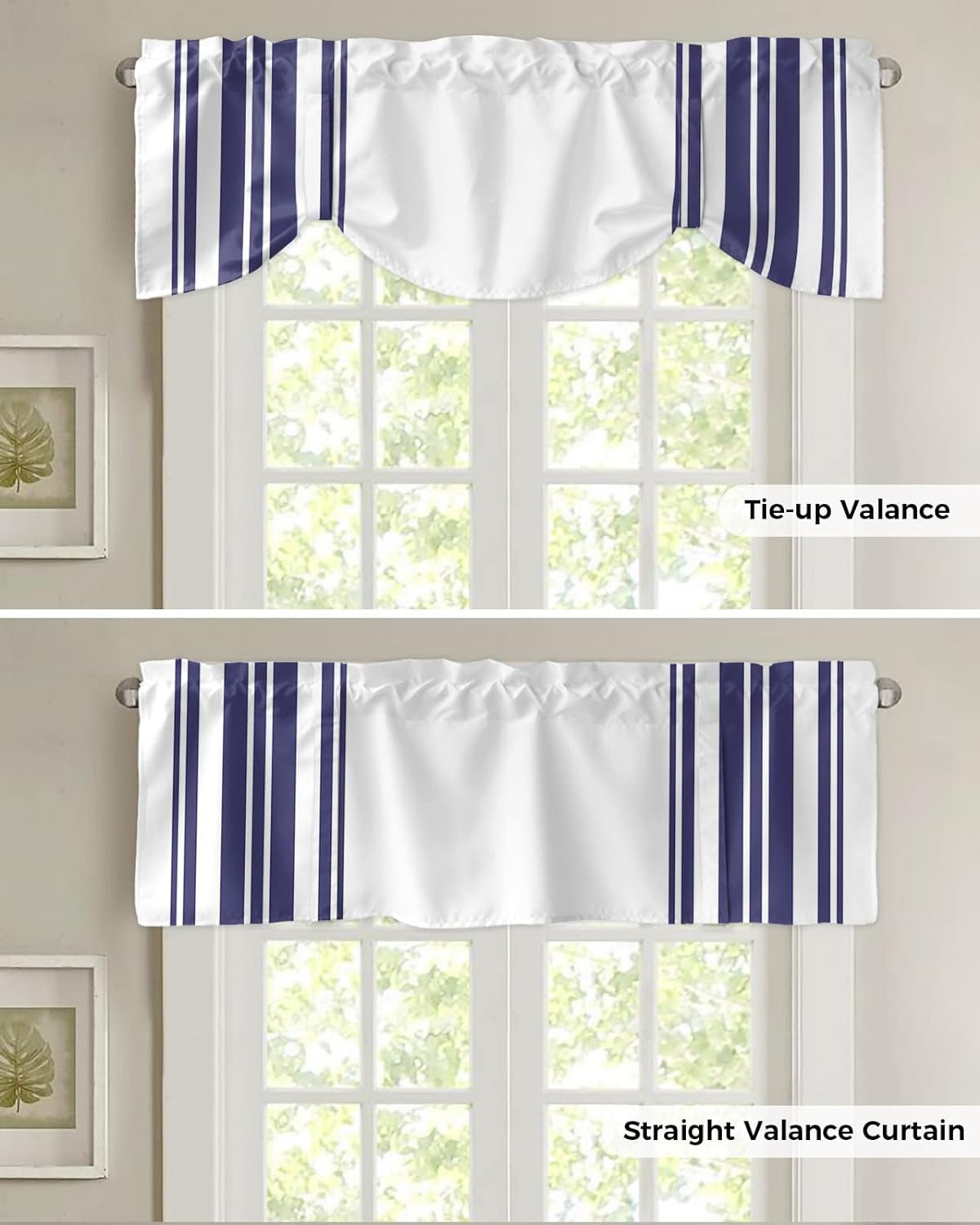 Navy Blue Striped Tie up Valance for Window, Adjustable Balloon Window Shade Valance Curtain for Kitchen Cafe Bathroom Window Treatment 1 Panel 42X12 Modern White Striped Abstract Art Aesthetics