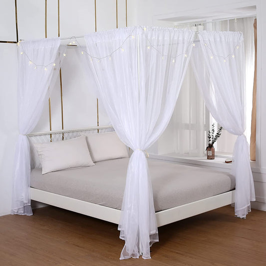 Akiky Princess Canopy Bed Curtains Bed Canopy Curtains with Lights for Queen Size Bed Drapes,8 Panels Canopies with 2 Lights,Room Décor (Full/Queen, White)  Akiky White King 