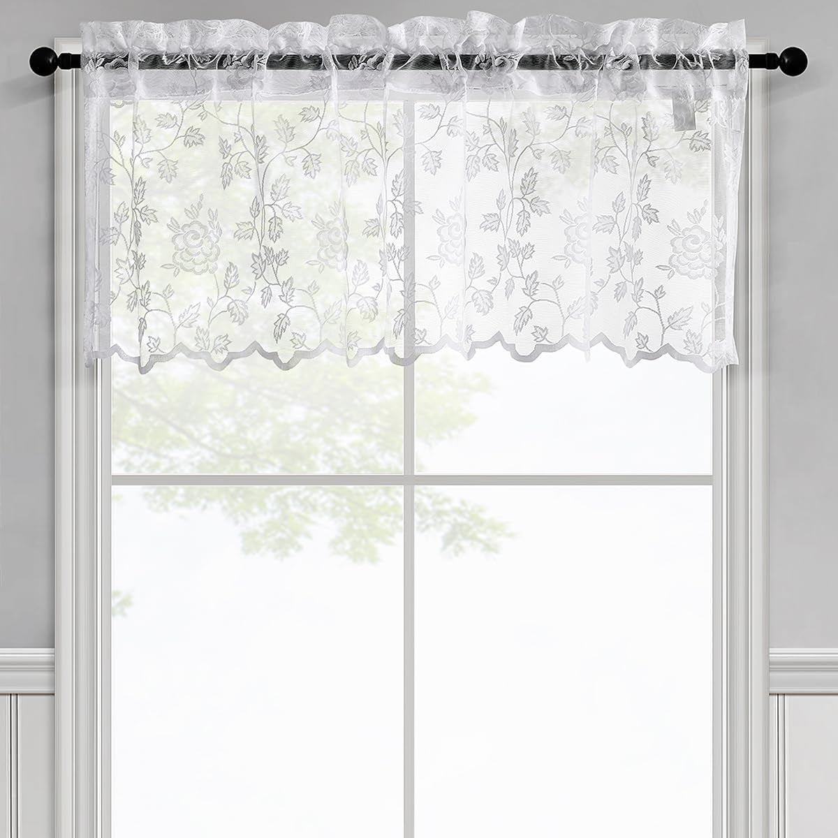 TERLYTEX White Lace Curtains 84 Inches Long, Country Vine Floral Embroidered Sheer Lace Curtains for Living Room, Privacy Scalloped Lace Sheer Curtains for Windows, 52 X 84 Inch, 2 Panels, White  TERLYTEX White W52 X L18 Inch 