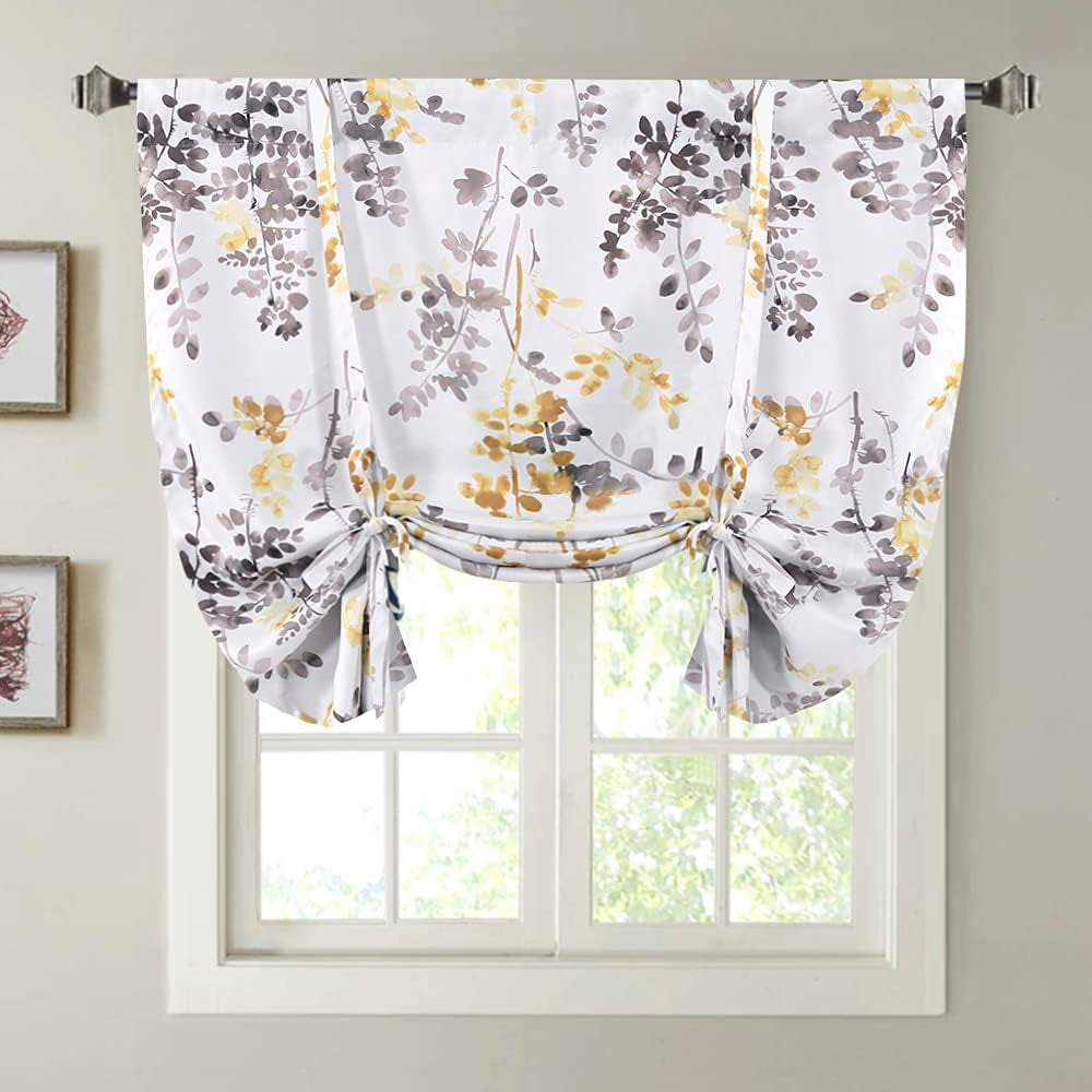 H.VERSAILTEX Blackout Tie up Curtain - Thermal Insulated Balloon Curtain for Small Window Adjustable Kitchen Tie up Curtain (Floral Pattern in Bluestone and Taupe, Rod Pocket Panel, 42" W X 45" L)