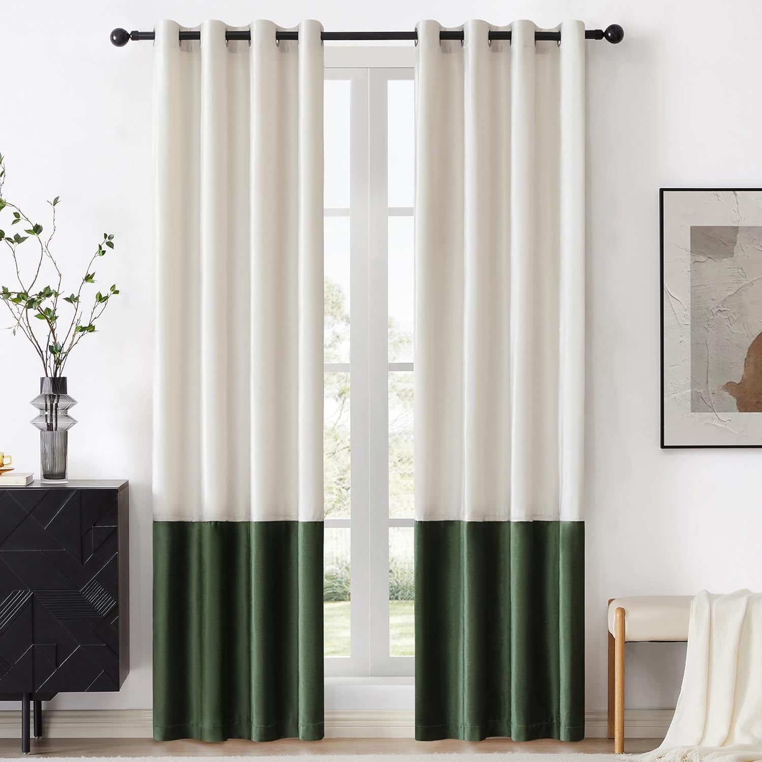 BULBUL Black Gold Color Block Window Curtains Panels 84 Inches Long Velvet Farmhouse Drapes for Bedroom Living Room Darkening Treatment with Grommet Set of Black Gold  BULBUL Cream  Olive Green 52"W X 84"L 