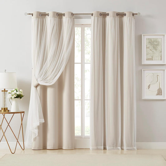 Bujasso Beige 90% Blackout Curtains with Sheer Overlay Mix and Match Double Layer Thermal Insulated Window Panels 84 Inch for Living Room Bedroom Beige Drapes with Tiebacks Grommet Top 37" Wx84 Lx2  Bujasso Beige 37"Wx84"Lx2 