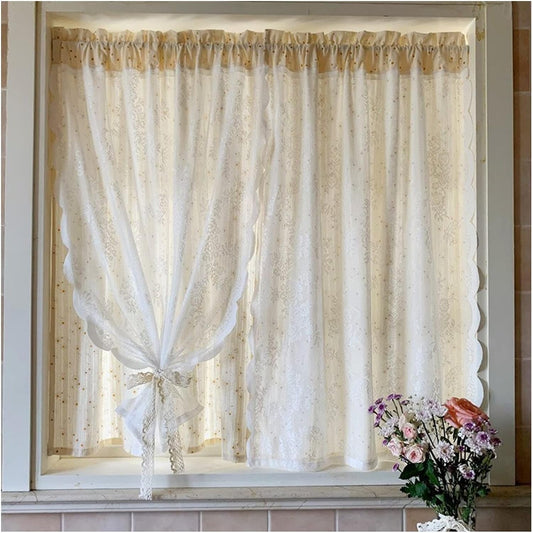 Double Layer Voile Kitchen Curtain Valance, Rustic Embroidered Floral Pattern Ruffled Window Curtains, Rod Pocket Blackout 2 Panels (Size : Hxw180X65Cm/71X25Inch)