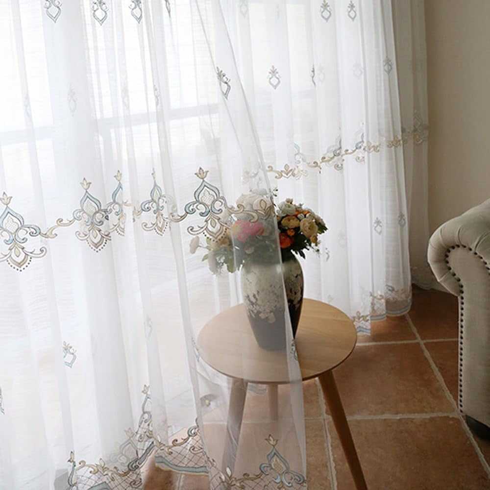 Embroidery Sheer Curtains W100 X L96 Inches Length 2 Panels Pinch Pleated Embroidered Light Filtering Floral Semi Sheer Voile Window Curtains/Drapes Scalloped Bottombedroom Living Room Slidin  AZIMUZIXI   
