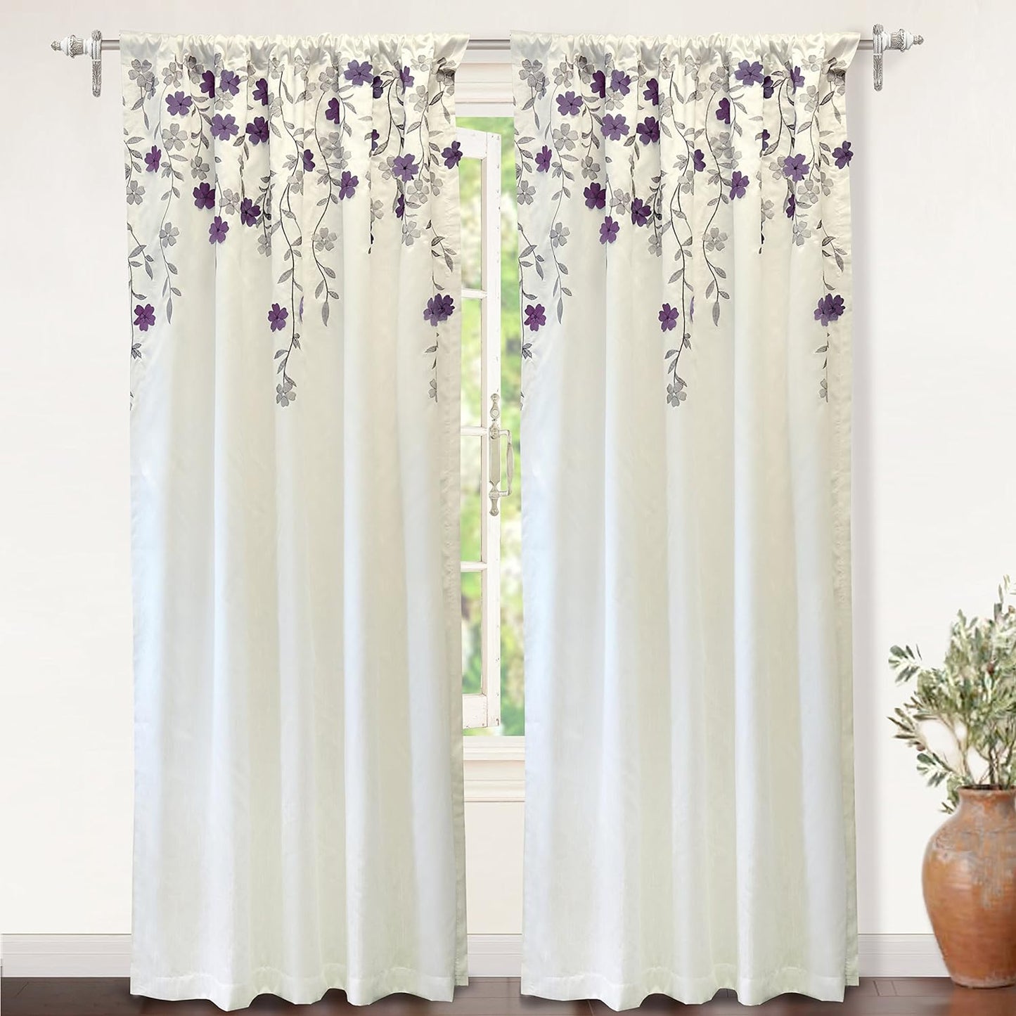 Driftaway Aubree Weeping Flower Print Thermal Room Darkening Privacy Window Curtain for Bedroom Living Room Rod Pocket 2 Panels 52 Inch by 84 Inch Blue  DriftAway One Panel Ivory Purple 50"X96" 