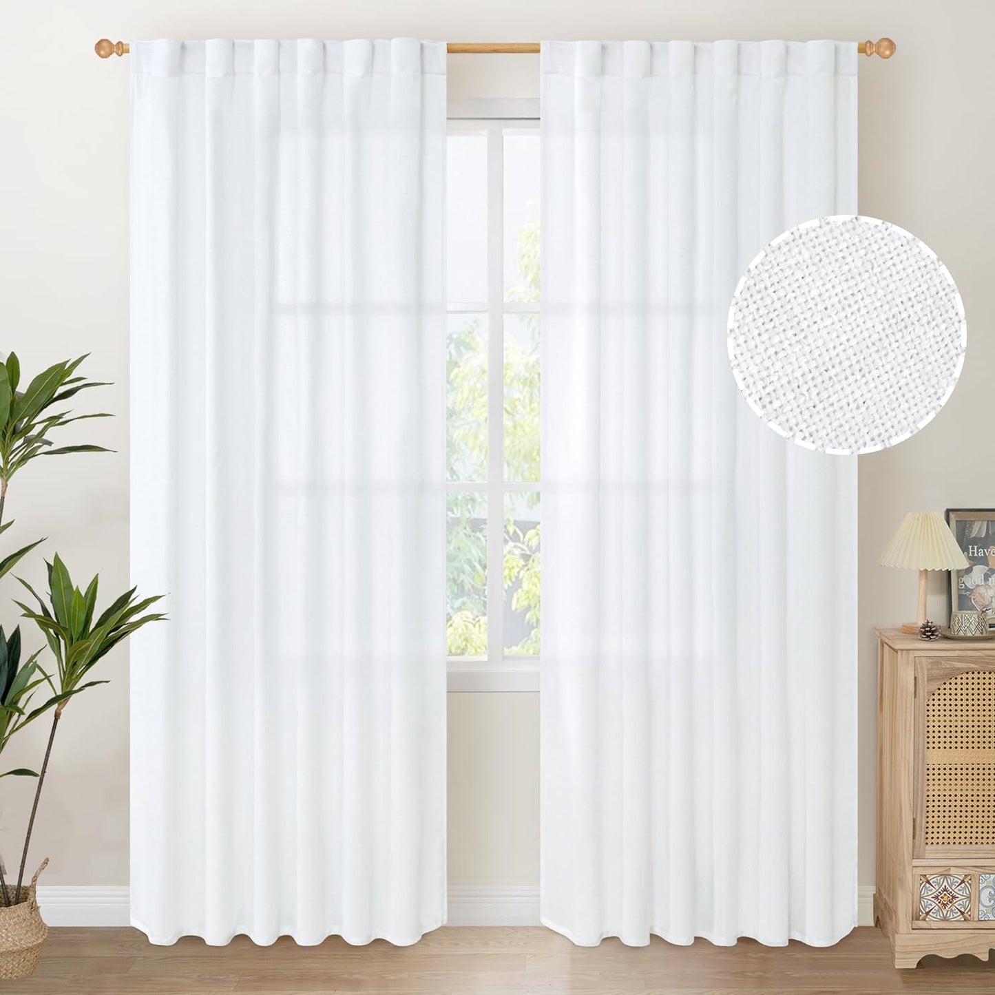 Youngstex Natural Linen Curtains 72 Inch Length 2 Panels for Living Room Light Filtering Textured Window Drapes for Bedroom Dining Office Back Tab Rod Pocket, 52 X 72 Inch  YoungsTex White 52W X 84L 