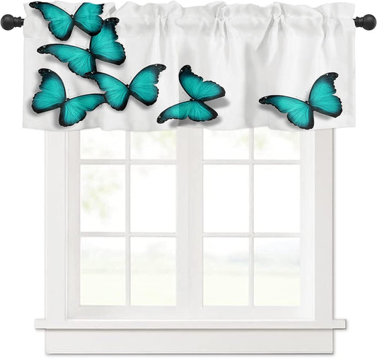 Curtain Valance, Elegant Teal Butterfly Rod Pocket Valance Short Window Treatment Decor Curtains for Kitchen Bathroom Bedroom,1 Panel 54" X 18"