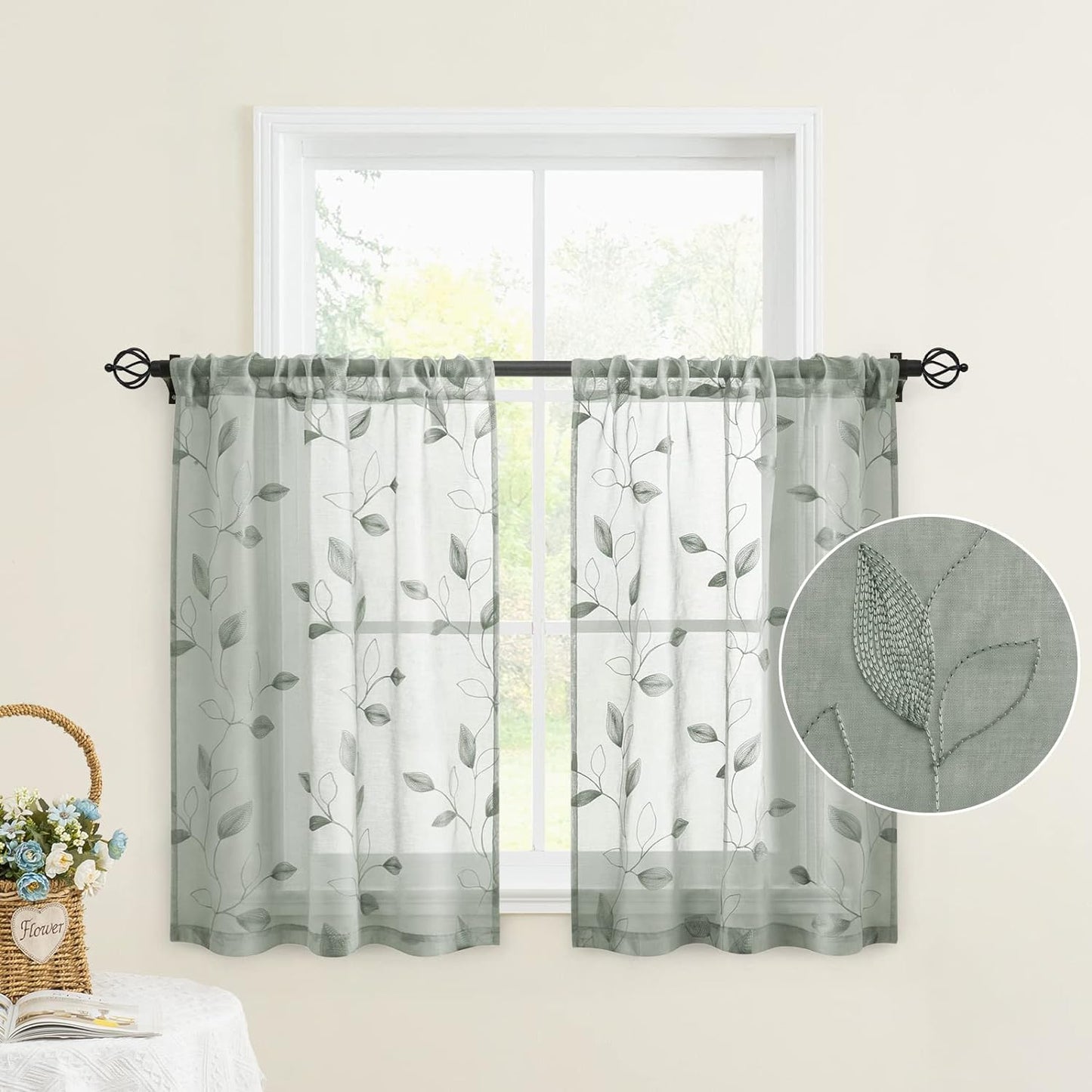 HOMEIDEAS Sage Green Sheer Curtains 52 X 63 Inches Length 2 Panels Embroidered Leaf Pattern Pocket Faux Linen Floral Semi Sheer Voile Window Curtains/Drapes for Bedroom Living Room  HOMEIDEAS 1-Sage Green W30" X L36" 