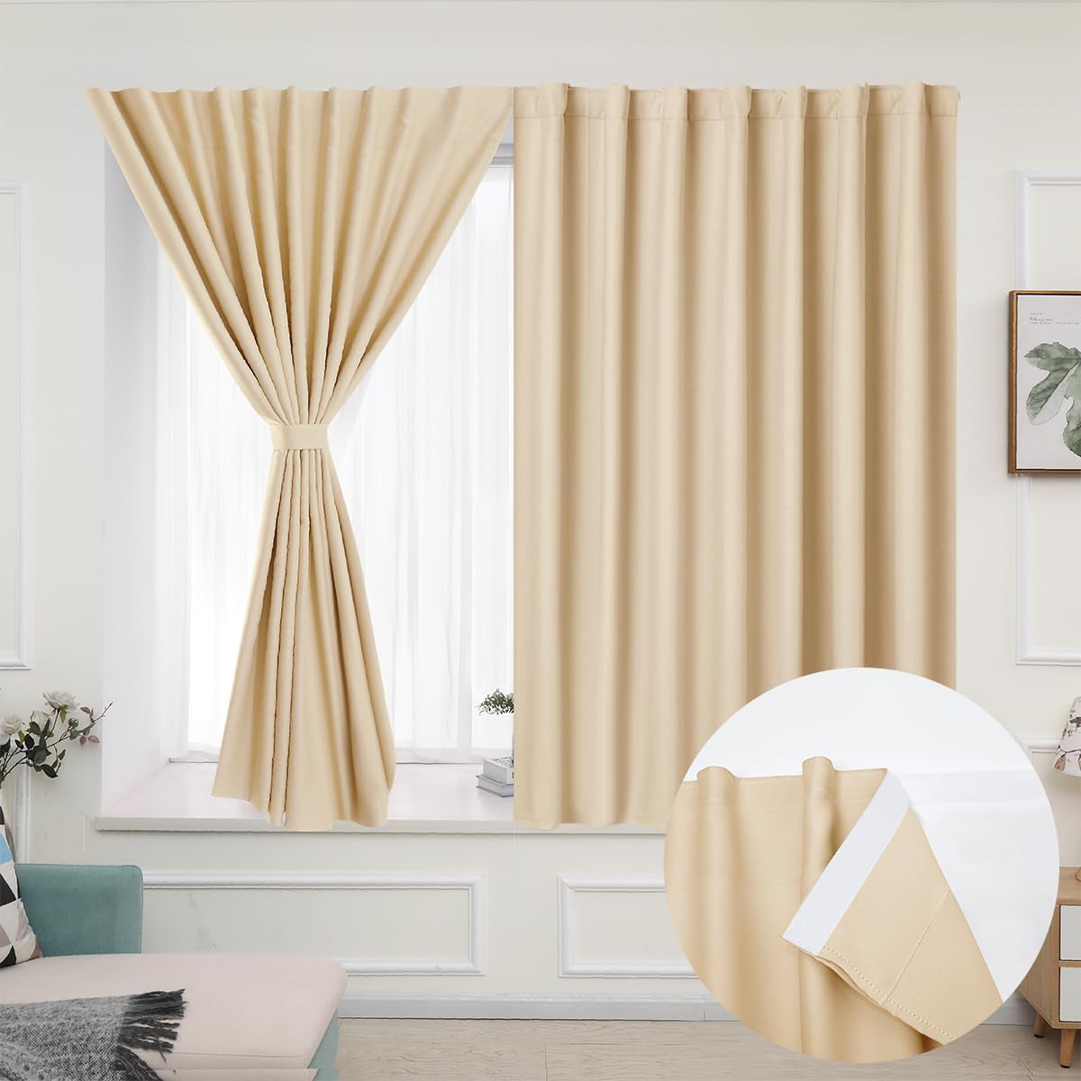 Muamar 2Pcs Blackout Curtains Privacy Curtains 63 Inch Length Window Curtains,Easy Install Thermal Insulated Window Shades,Stick Curtains No Rods, Black 42" W X 63" L  Muamar Beige 42"W X 63"L 