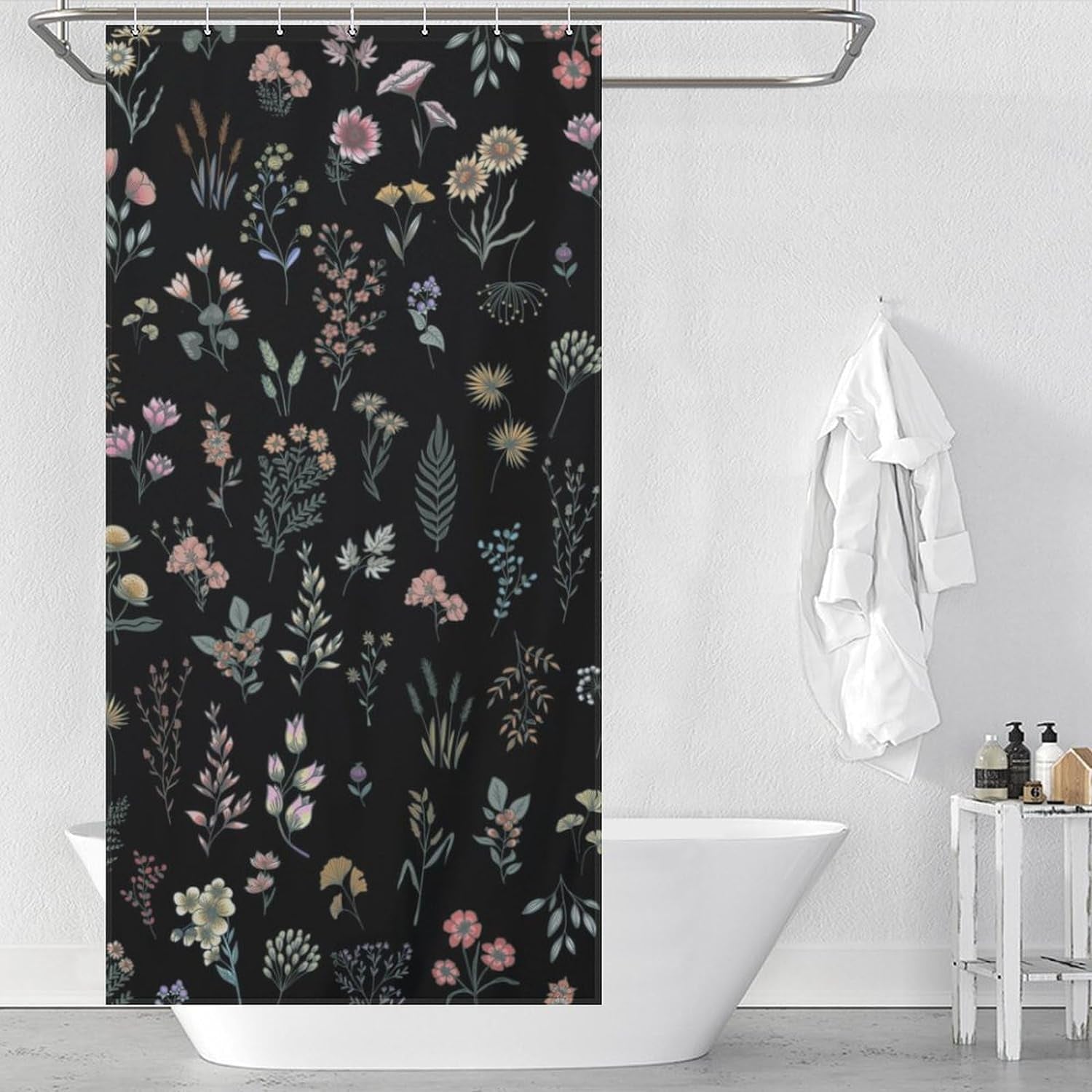 Boho Shower Curtains for Bathroom Black Cute Floral Waterproof Polyester Fabric Shower Curtain 72X72 Inch