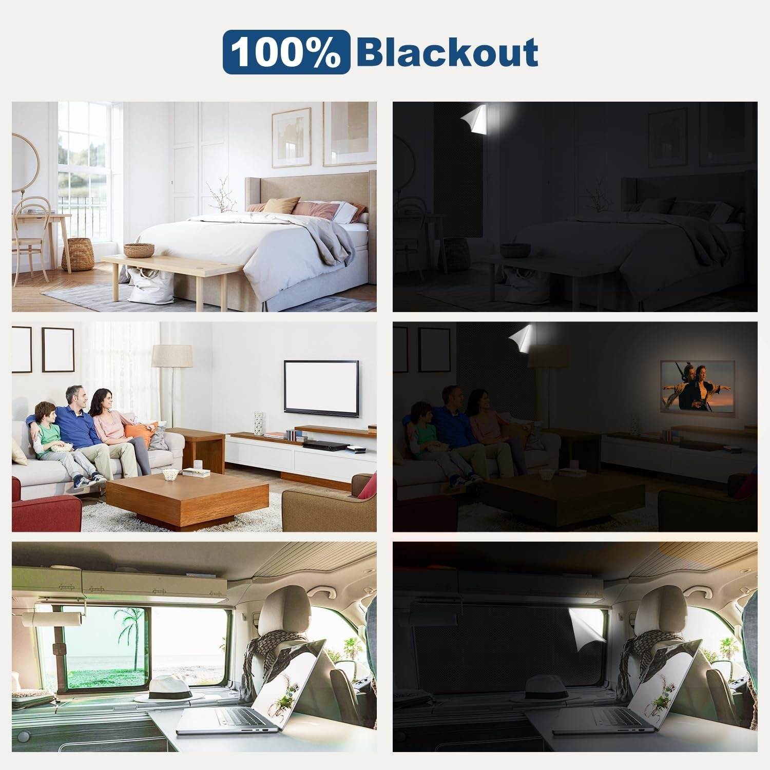 100% Blackout Blinds Shades, 118" X 57" No Drill Window Shades for Bedroom, Temporary Portable Black Out Curtains Cover Film Window Blinds with Stickers & Tabs for Nursery, Dorm, Travel, Office