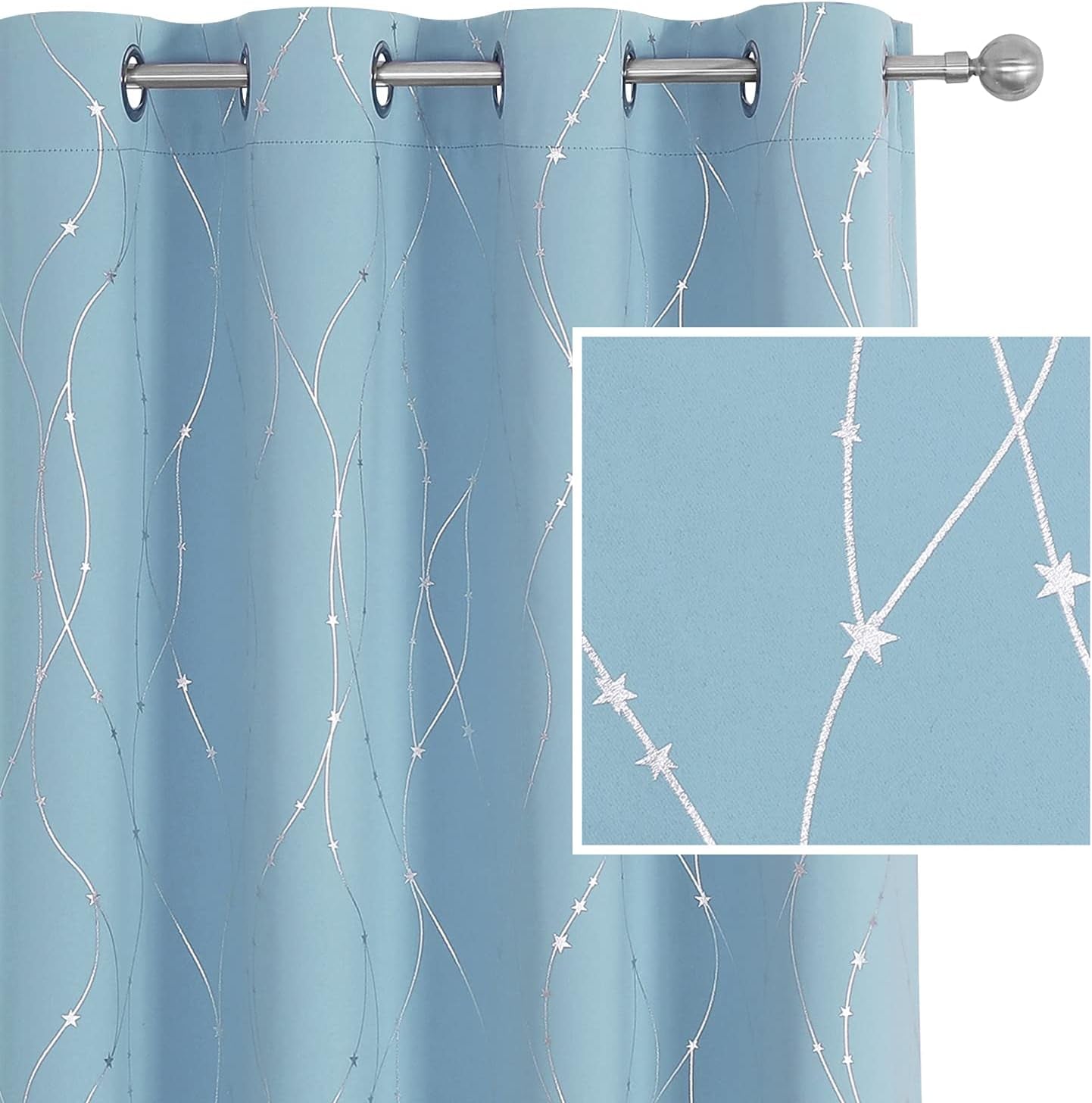 SMILE WEAVER Black Blackout Curtains for Bedroom 72 Inch Long 2 Panels,Room Darkening Curtain with Gold Print Design Noise Reducing Thermal Insulated Window Treatment Drapes for Living Room  SMILE WEAVER Blue Silver 52Wx45L 