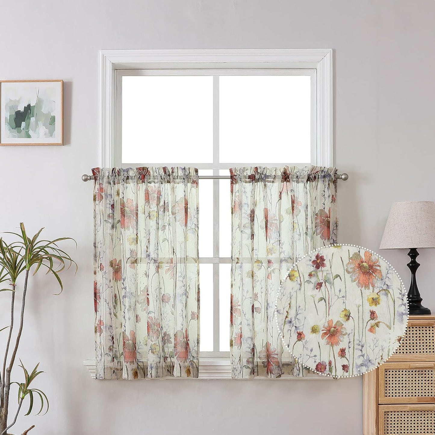OWENIE Crushed Semi Sheer Curtains 72 Inches Length 2 Panels, Floral Pattern Design Rod Pocket Light Filtering Farmhouse Curtains for Bedroom Living Room, 2 Pieces Total 84 Inch Wide, 72 Inch Long  OWENIE Multi Color 42"Wx36"L | 2Pcs 