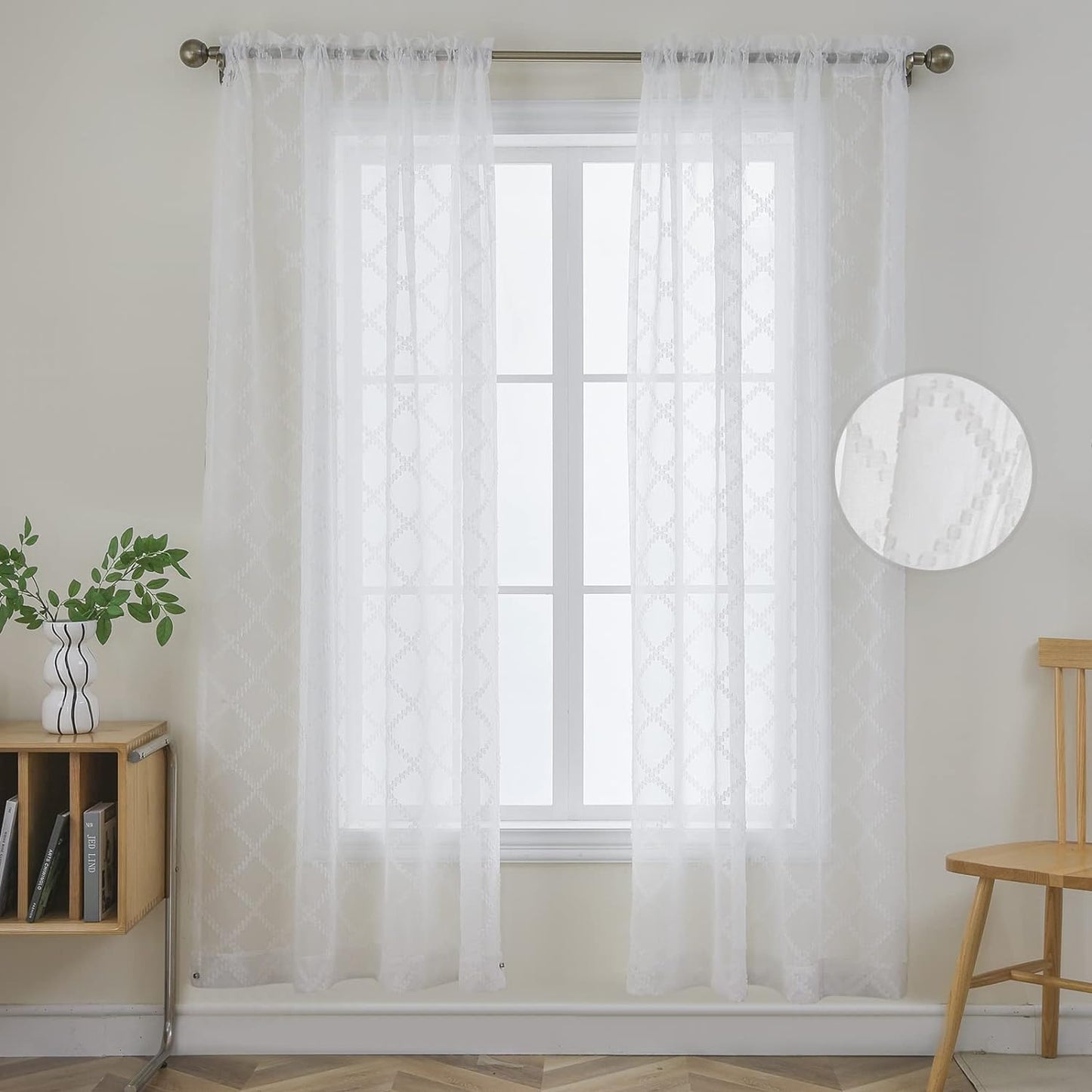 Joydeco White Sheer Curtains 63 Inch Length 2 Panels Set, Rod Pocket Long Sheer Curtains for Window Bedroom Living Room, Lightweight Semi Drape Panels for Yard Patio (54X63 Inch, off White)  Joydeco Trellis Embroidery-White 54W X 72L Inch X 2 Panels 