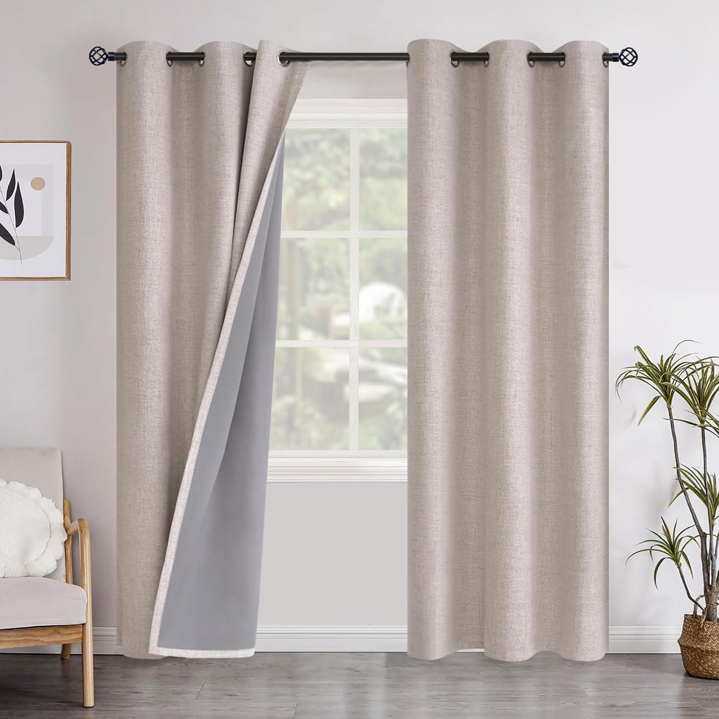 Youngstex Linen Blackout Curtains 63 Inch Length, Grommet Darkening Bedroom Curtains Burlap Linen Window Drapes Thermal Insulated for Basement Summer Heat, 2 Panels, 52 X 63 Inch, Beige  YoungsTex Beige 42W X 84L 