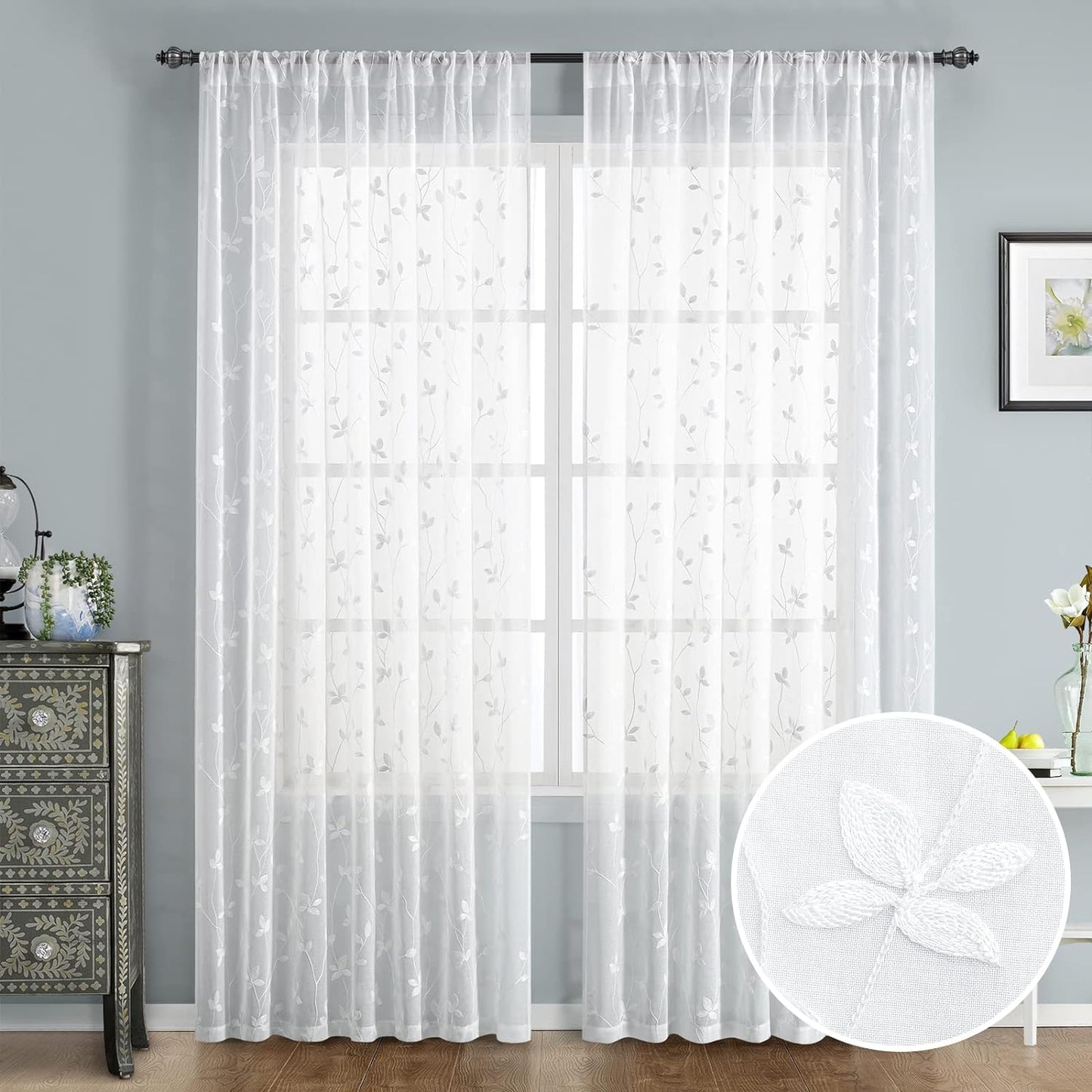 HOMEIDEAS Sage Green Sheer Curtains 52 X 63 Inches Length 2 Panels Embroidered Leaf Pattern Pocket Faux Linen Floral Semi Sheer Voile Window Curtains/Drapes for Bedroom Living Room  HOMEIDEAS Vine White W52" X L96" 
