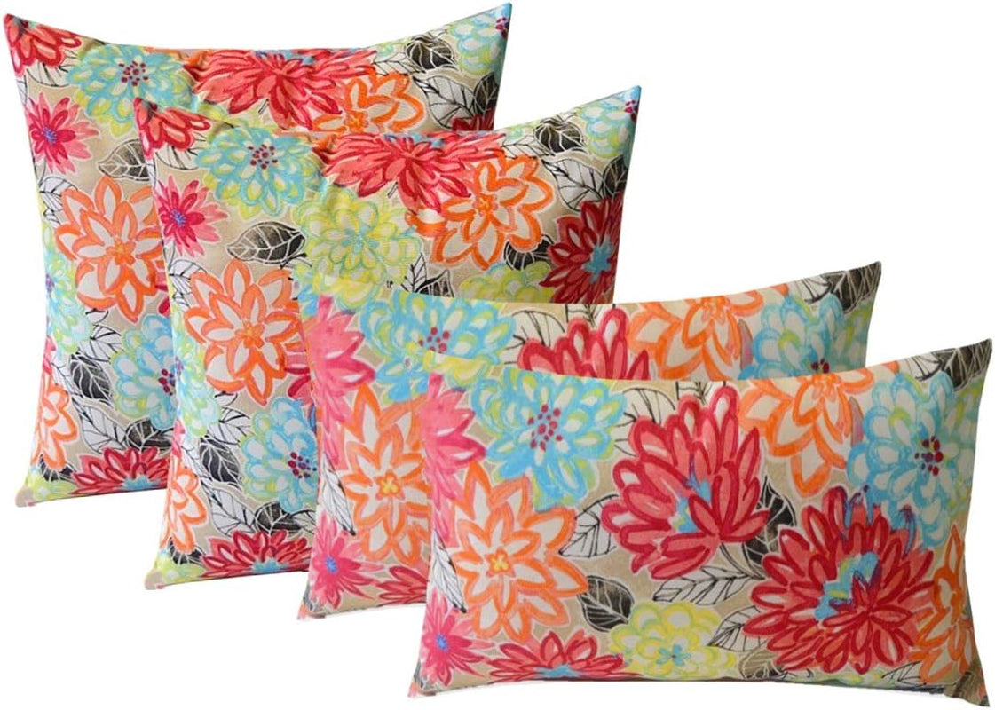 RSH Decor Indoor Outdoor Set of 4 (2-17"X17" Square and 20"X12") Lumbar Decorative Toss Throw Pillows - Yellow, Orange, Blue, Pink Bright Artistic Floral
