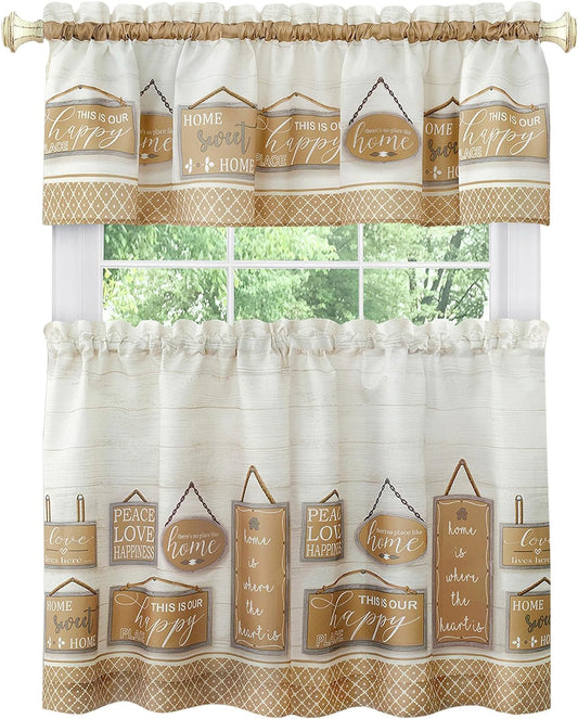 Light Filtering Printed Tier & Valance Window Curtain Set - 24 Inch Length, 58 Inch Width - Modern Farmhouse (Tan), Machine Washable Drape for Kitchen, Living, & Dining Room by Achim Home Decor