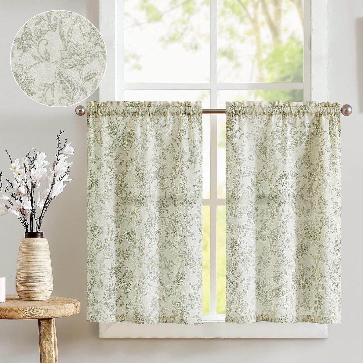 Jinchan Beige Kitchen Curtains Linen Tier Curtains 24 Inch Farmhouse Cafe Curtains Light Filtering Small Window Curtains Flax Country Rustic Rod Pocket Bathroom Laundry Room RV 2 Panels Crude  CKNY HOME FASHION Forest Sage Green On Beige 24L 