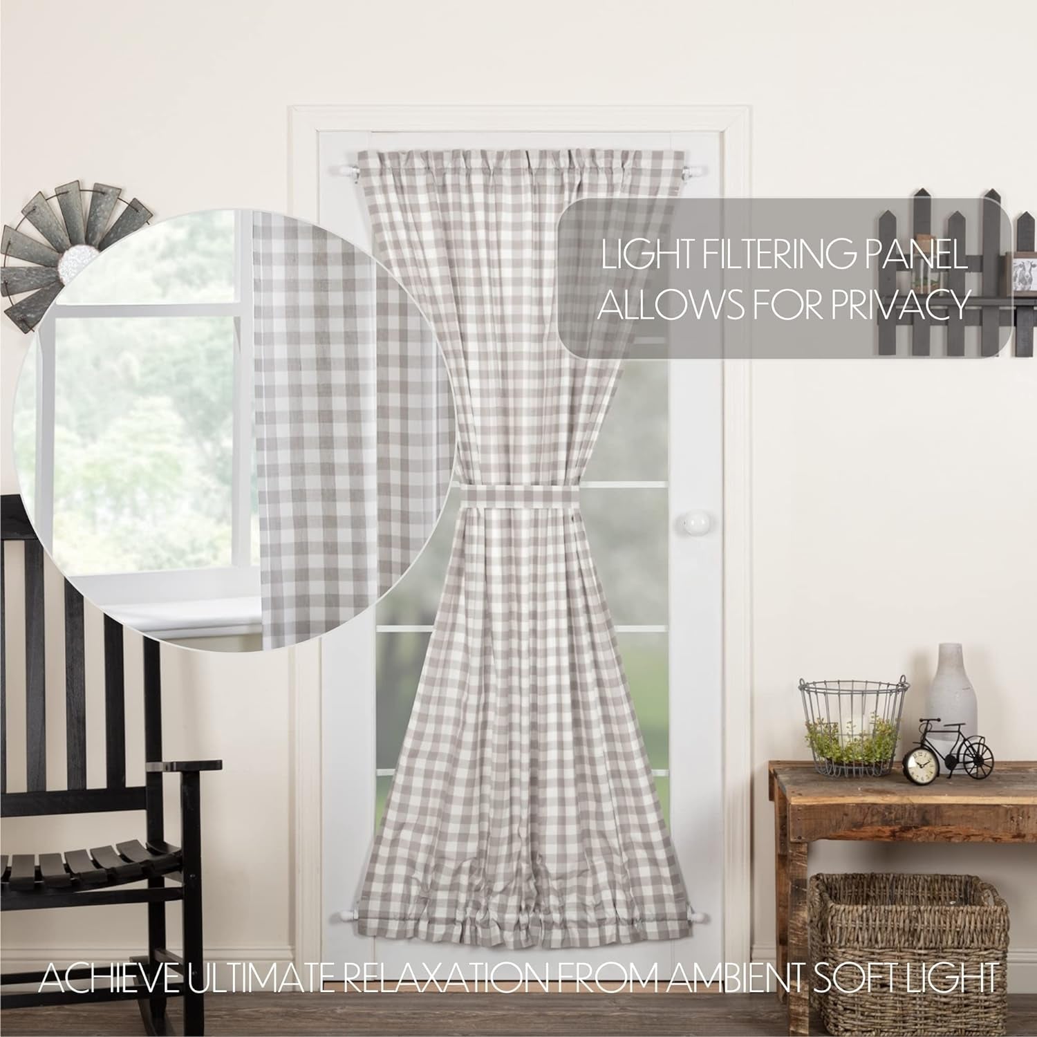VHC Brands Farmhouse Grey Ash Buffalo Check Cotton Annie Curtains Rod Pocket Tie Back(S) Door Panel  VHC Brands   
