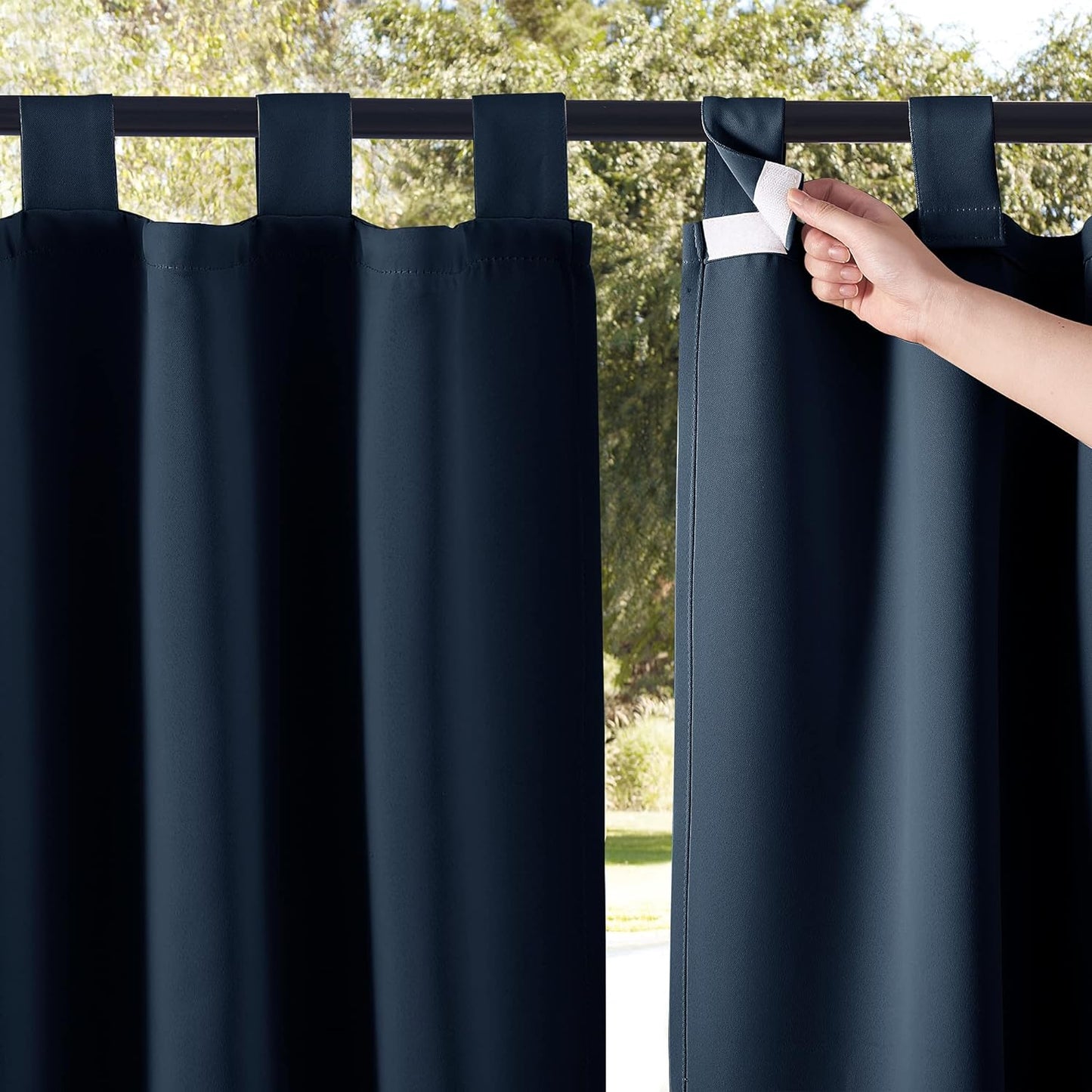 NICETOWN 2 Panels Outdoor Patio Curtainss Waterproof Room Darkening Drapes, Detachable Sticky Tab Top Thermal Insulated Privacy Outdoor Dividers for Porch/Doorway, Biscotti Beige, W52 X L84  NICETOWN Navy Blue W84 X L95 