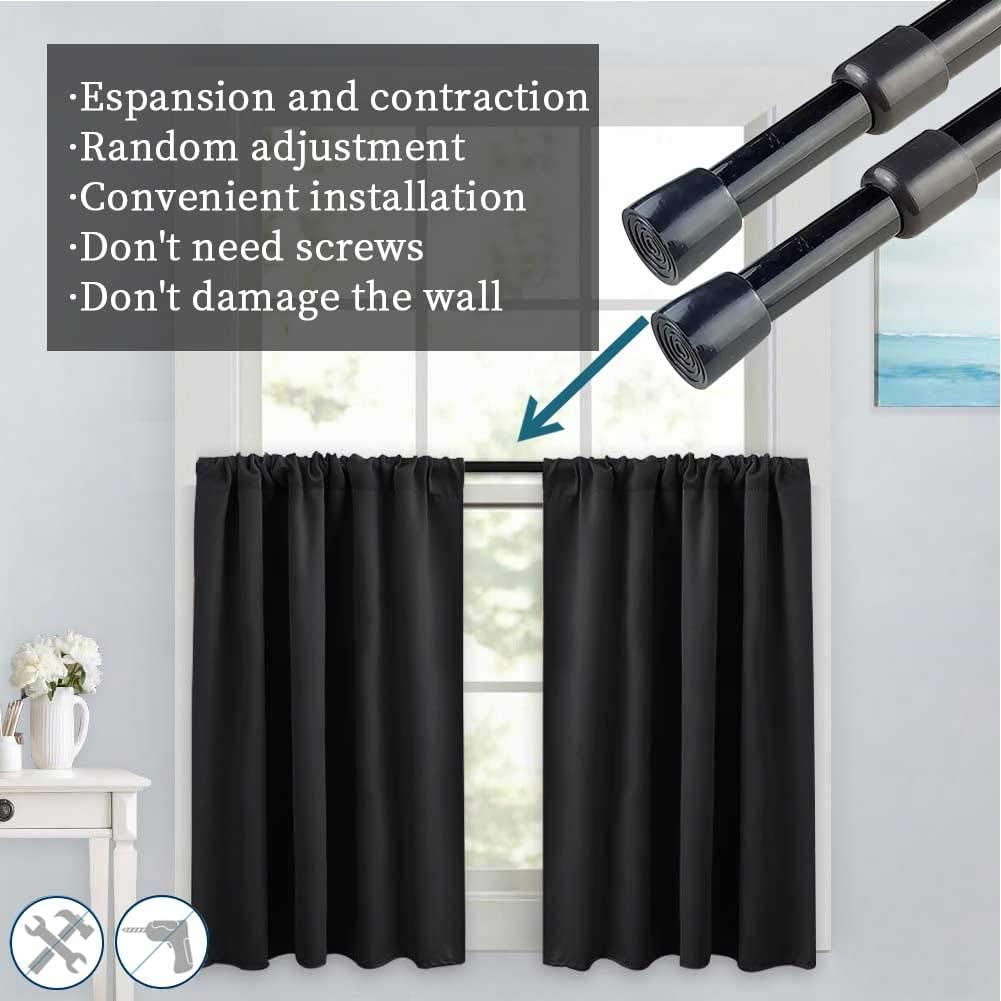 2Pcs Spring Tension Curtain Rod，28-43 Inches Adjustable Expandable Pressure Black Curtain Tension Rods for Kitchen, Bathroom, Window,Home