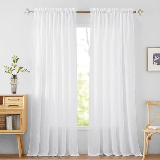 RYB HOME White Curtains Linen Textured Sheer Light Filtering Semi Sheer Curtains 84 Inches Long Half Privacy Window Drapes for Living Room Dining, Length 84 by Width 52 Inch, 2 Panels Set  RYB HOME   
