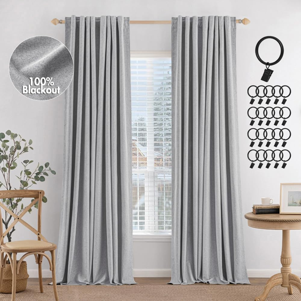 MIULEE 100% Blackout Curtains 90 Inches Long, Linen Curtains & Drapes for Bedroom Back Tab Black Out Window Treatments Thermal Insulated Room Darkening Rod Pocket, Oatmeal, 2 Panels  MIULEE Light Grey 52"W*120"L 