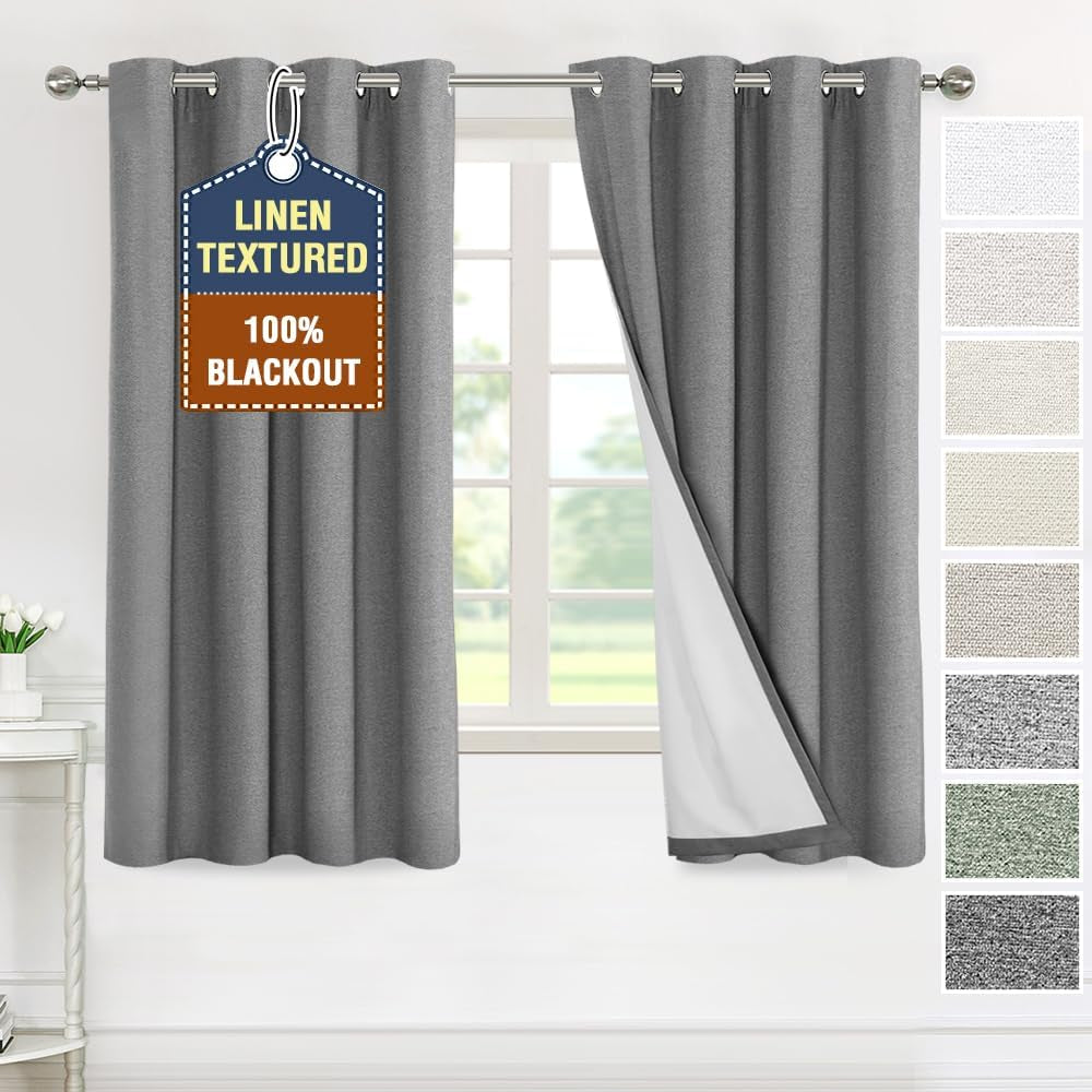 H.VERSAILTEX Linen Curtains Grommeted Total Blackout Window Draperies with Linen Feel, Thermal Liner for Energy Saving 100% Blackout Curtains for Bedroom 2 Panel Sets, 52X96 Inch, Ultimate Gray  H.VERSAILTEX Mid Grey 52"W X 63"L 