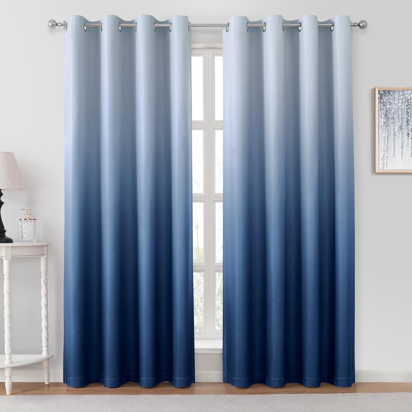HOMEIDEAS Navy Blue Ombre Blackout Curtains 52 X 84 Inch Length Gradient Room Darkening Thermal Insulated Energy Saving Grommet 2 Panels Window Drapes for Living Room/Bedroom  HOMEIDEAS Navy Blue 52"W X 96"L 