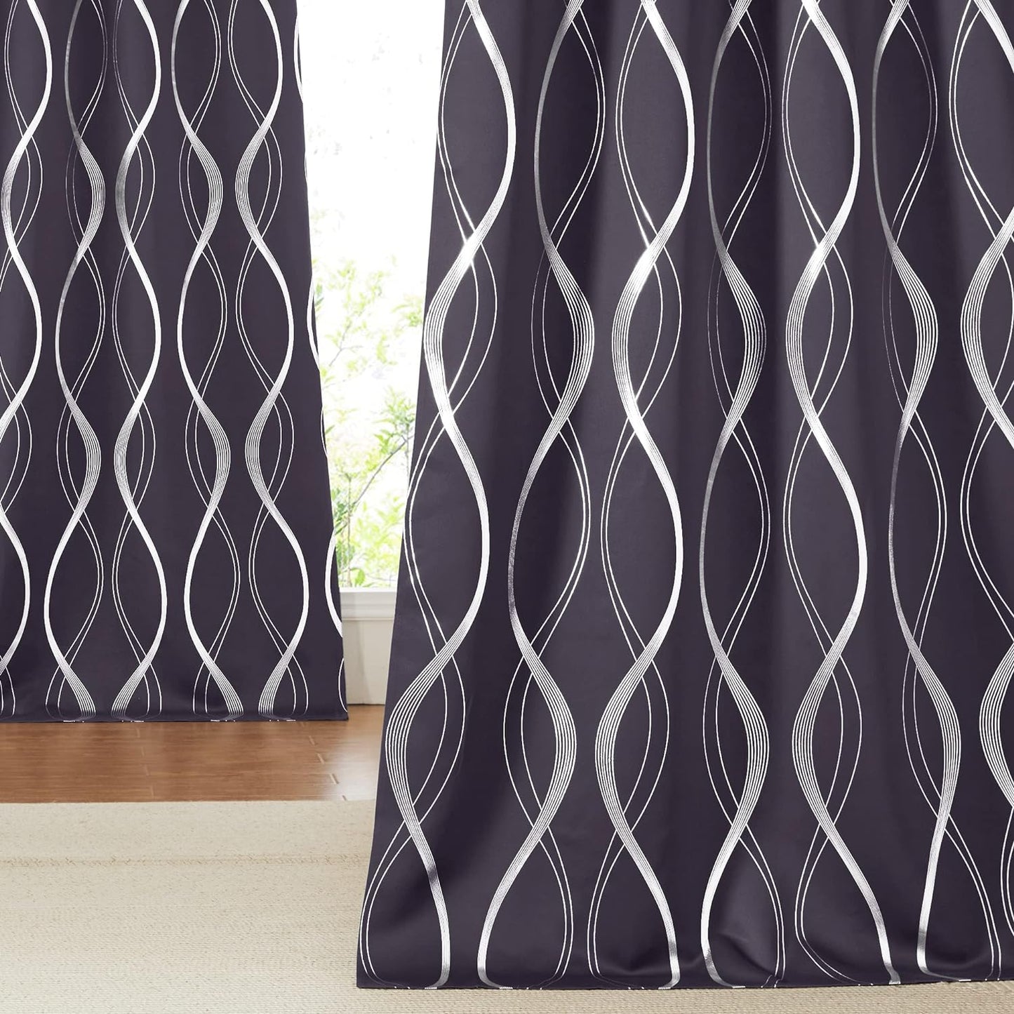 NICETOWN Grey Blackout Curtains 84 Inch Length 2 Panels Set for Bedroom/Living Room, Noise Reducing Thermal Insulated Wave Line Foil Print Drapes for Patio Sliding Glass Door (52 X 84, Gray)  NICETOWN Greyish Purple 52"W X 84"L 