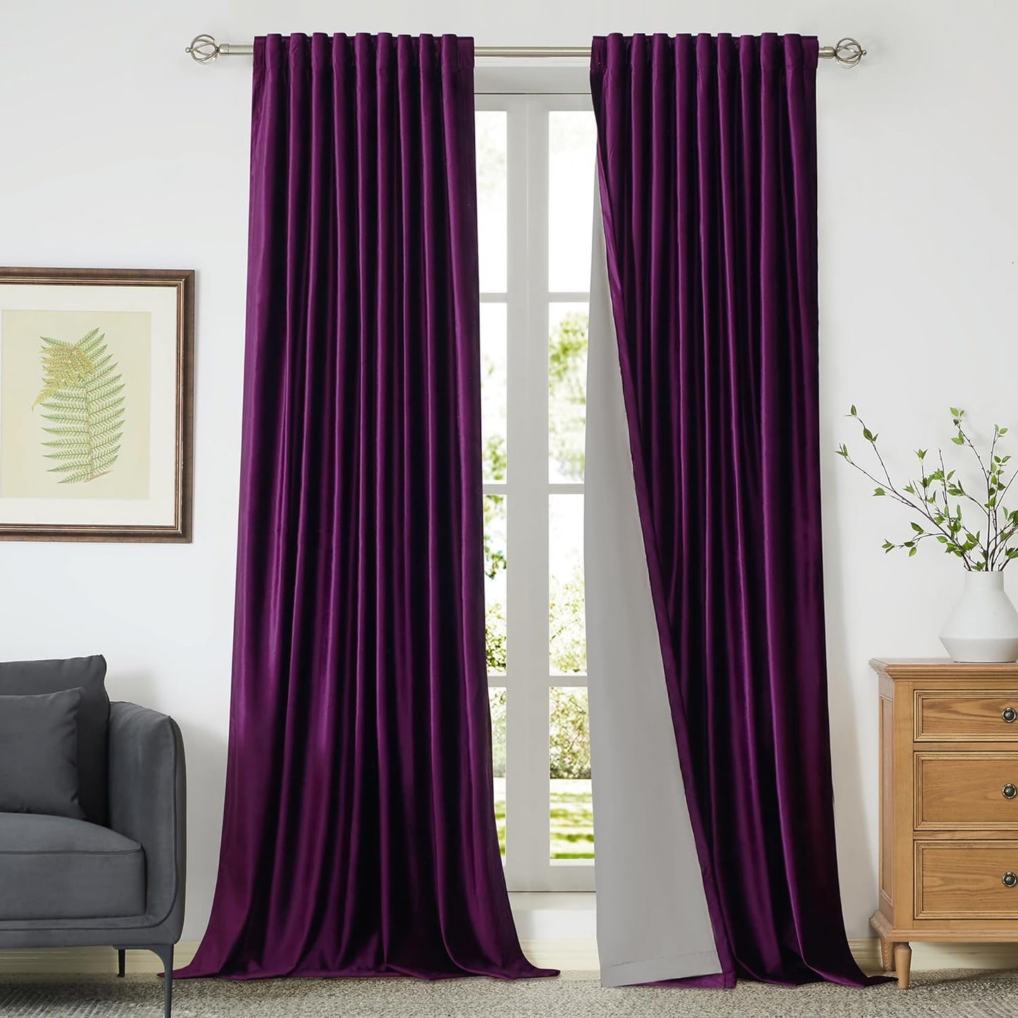 100% Blackout Ivory off White Velvet Curtains 108 Inch Long for Living Room,Set of 2 Panels Liner Rod Pocket Back Tab Thermal Window Drapes Room Darkening Heavy Decorative Curtains for Bedroom  PRIMROSE Purple 52X96 Inches 